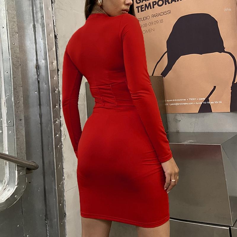 Casual Dresses Women Long Sleeve O-Neck Bodycon Mini Dress Solid Color Ruched Striped High Waist Sexy Package Hip Basic Party Clubwear