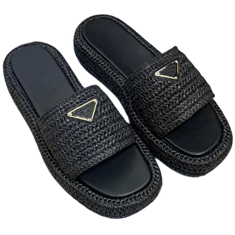 New fashion slippers luxury designer sandals thick soled straw woven shoes sheepskin beach shoes outdoor anti-skid lettered shoes women's uwabaki leather outsole