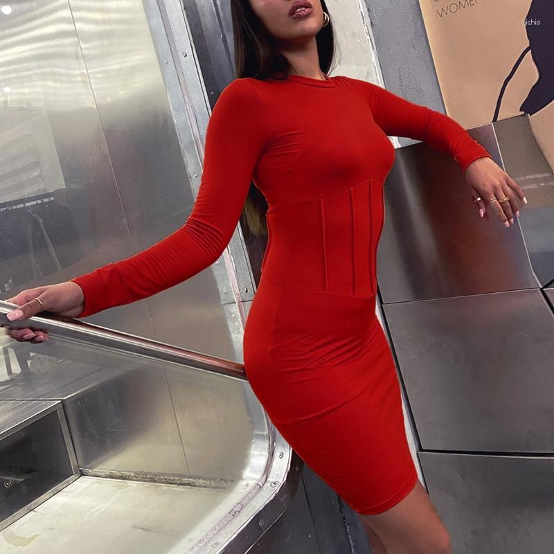 Casual Dresses Women Long Sleeve O-Neck Bodycon Mini Dress Solid Color Ruched Striped High Waist Sexy Package Hip Basic Party Clubwear