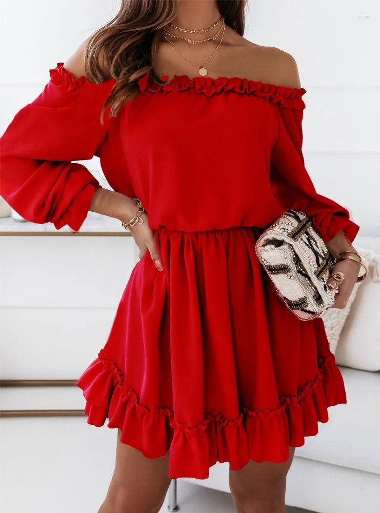 Casual Dresses Sexy Off Shoulder Ruffle A-line Mini Dress Lady Solid Color Long Sleeve Elegant Party Clubwear Women Autumn Clothes