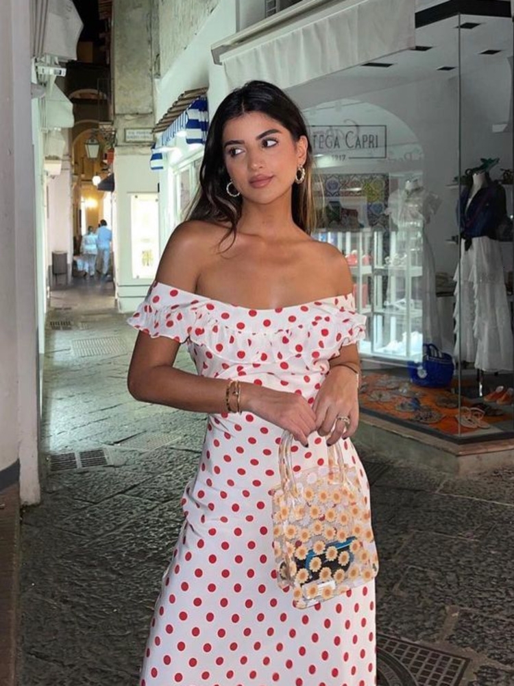 Basic Casual Dresses JULISSA MO Polka Dot Ruffles Bandage Maxi Dress Women Off Shoulder Slim Elegant Party Dress Summer Beach Holiday Sundresses 23072