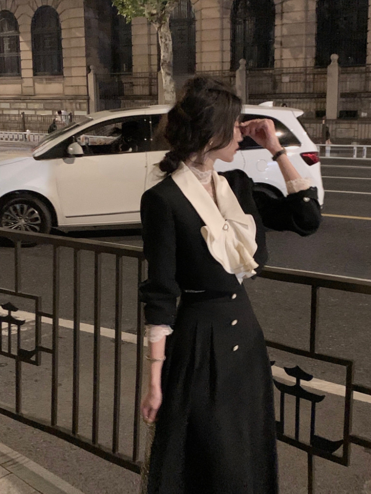 Two Piece Dress Elegant 2 Piece Dress Set Women Long Sleeve Crop Tops Casual Black Midi Skirt Autumn Slim Retro Office Lady Korean Suits 230720
