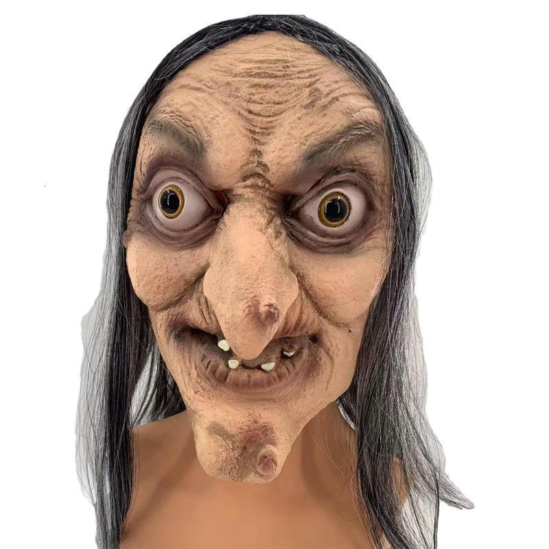Party Masks Halloween Horror Old Witch Latex Head Cover Realistic Scary Mask With Hair Costume Cosplay Prop Ghost House 230721