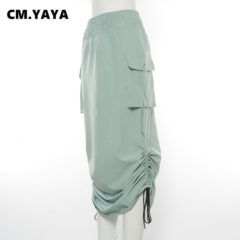 Skirts CMYAYA Loose Side Drawstring Pleating Solid Women Adjustable Length Skirt with Pockets Female Casual Streetwear 230720