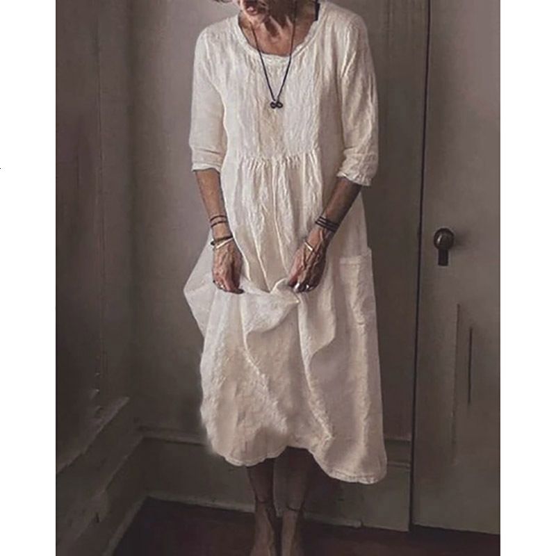 Basic Cotton En Casual S-5Xl Solid Color O-Neck Half Sleeve Women Long Vintage Large Size A-E Dress Summer Autumn Dresses 230720
