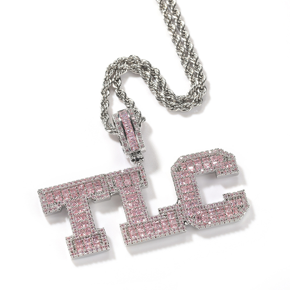 Hip Hop Pink T Zircon A-Z Letters Pendant Necklace with Pink Square Zircon Tennis Chain Rap Jewelry