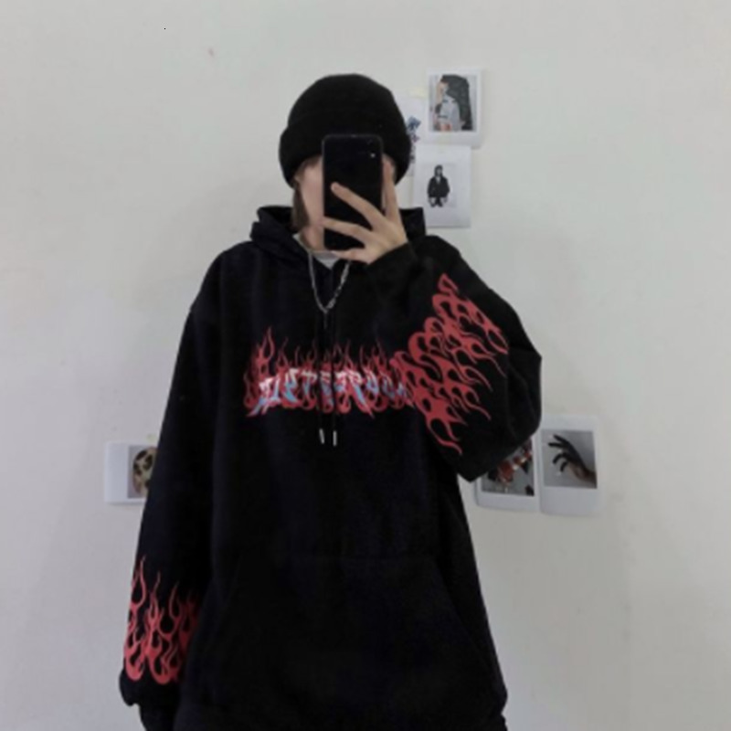 Men's Hoodies Sweatshirts Men Flamme Print Hoodies Unisex Autumn Gothic Casual Oversized Hooded Sweatshirt Hip-Hop Harajuku Loose Sports Pullover