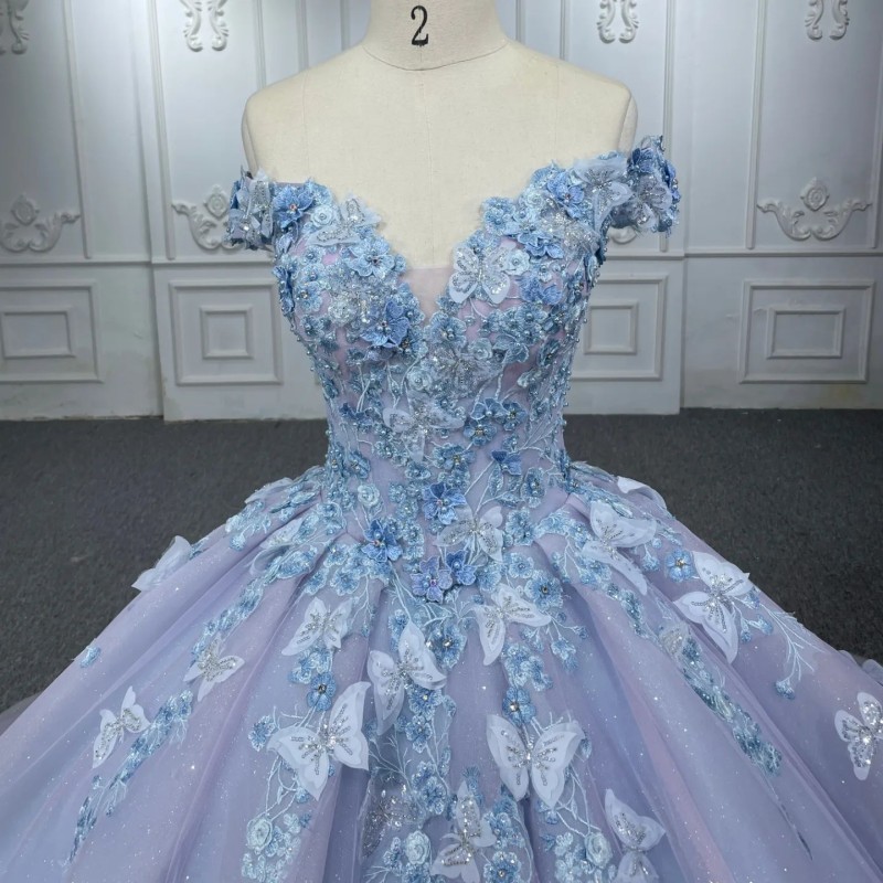 luxury Light Blue Glittering Quinceanera Dress Off Shoulder Crystal Floral Applique Bow Vestidos De 15 Anos Formal Birthday Dress