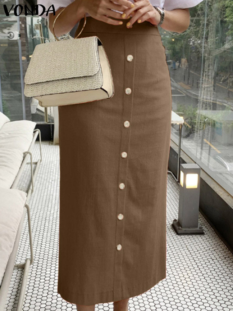 Skirts Elegant Long 2023 Summer VONDA Women Casual Solid Color Buttons Loose Fashion Streetwear Midi Bottom Femme 230720