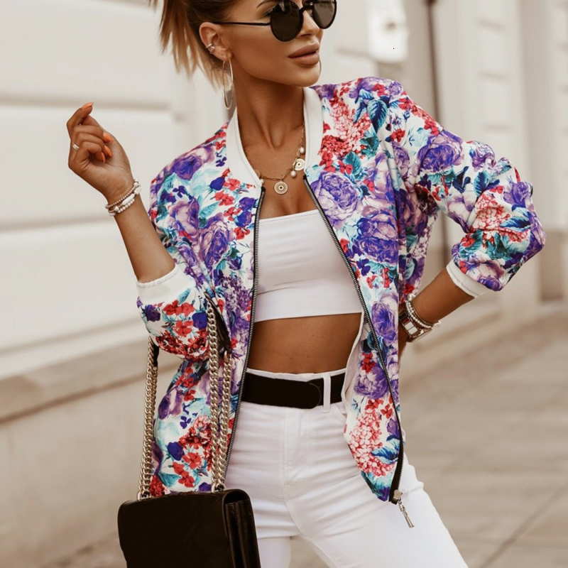 Women's Jackets Flower Print Long Sleeve Women's Bomber Jacket Fashion Zipper Up Vintage Coat Tops Elegant Slim Basic Ladies Jackets Outwear