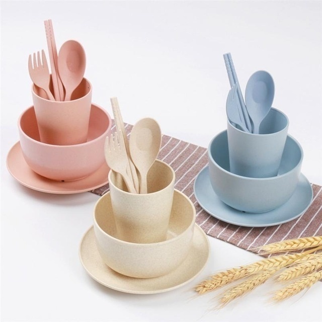 Cups Dishes Utensils 6Pcs/Set Wheat Straw Baby Tableware Children Food Dishes Bowl Feeding Infant Learning Dinnerware Spoon Chopsticks Fork Cup 230720