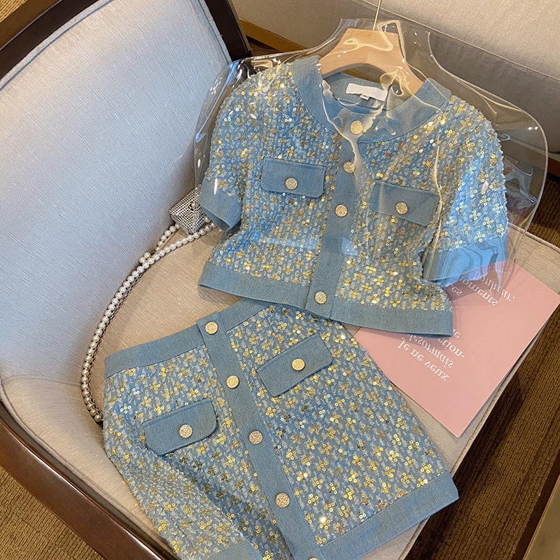Two Piece Dress Summer Spring O-Neck Bellflower Embroidery Sequined Coat Beaded Cardigan Short-sleeved Tops A-Line Dress 2pcs Woman Suit Set 230720