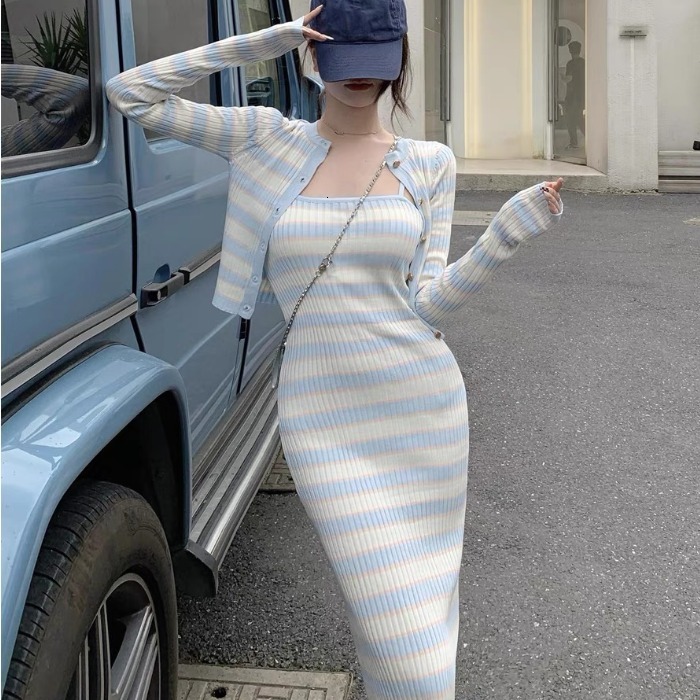 Two Piece Dress Stripe Knitted Women Fashion Two Piece Set Autumn Long Sleeve Cardigan Tops And Sexy Sheath Sling Dress Elegant Suit Female 230720