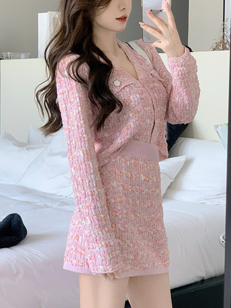 Two Piece Dress Two Piece Dress Set Sweet Cardigan Sweater Slim Skirt Pink Elegant Y2k Mini Dress Autumn Office Lady Casual Knitted Suits 230720