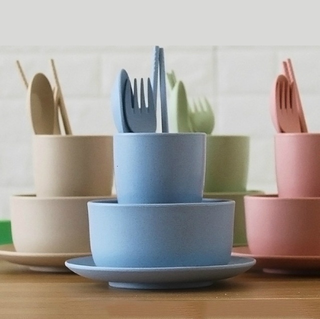 Cups Dishes Utensils 6Pcs/Set Wheat Straw Baby Tableware Children Food Dishes Bowl Feeding Infant Learning Dinnerware Spoon Chopsticks Fork Cup 230720