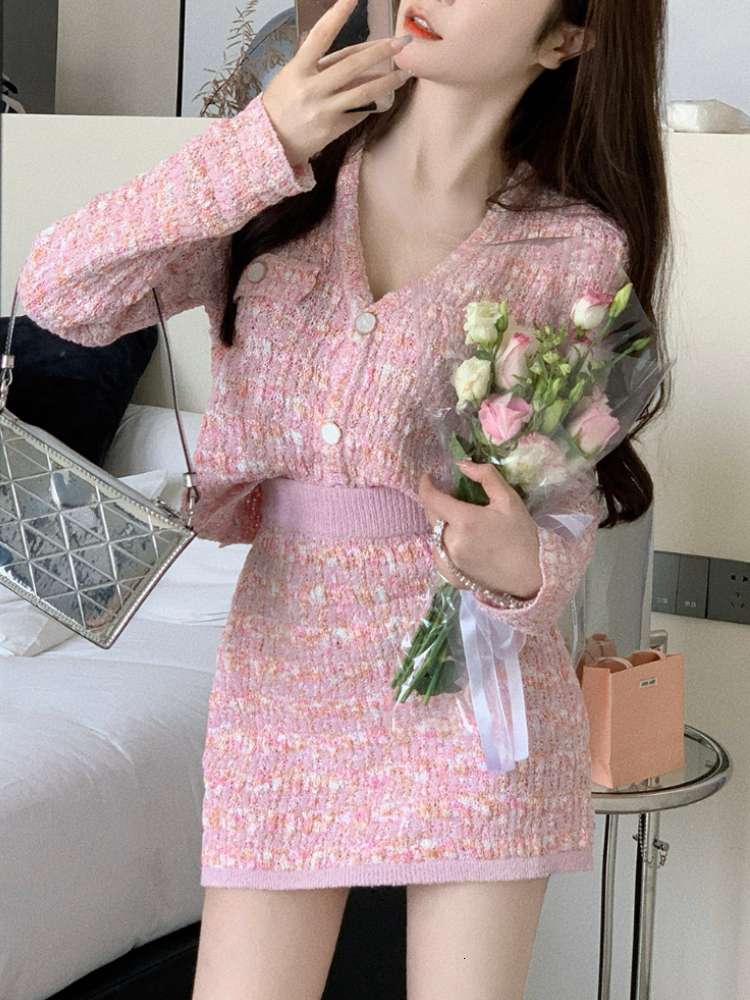 Two Piece Dress Two Piece Dress Set Sweet Cardigan Sweater Slim Skirt Pink Elegant Y2k Mini Dress Autumn Office Lady Casual Knitted Suits 230720