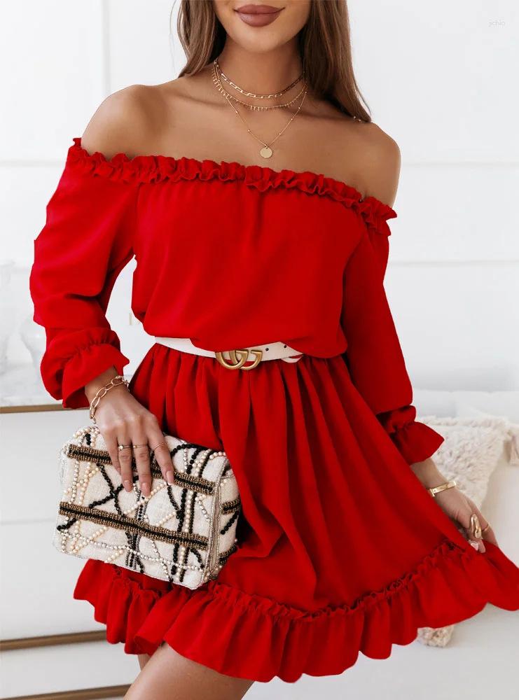 Casual Dresses Sexy Off Shoulder Ruffle A-line Mini Dress Lady Solid Color Long Sleeve Elegant Party Clubwear Women Autumn Clothes