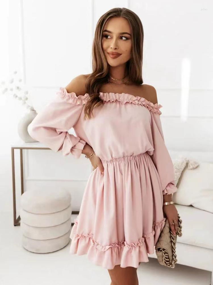 Casual Dresses Sexy Off Shoulder Ruffle A-line Mini Dress Lady Solid Color Long Sleeve Elegant Party Clubwear Women Autumn Clothes