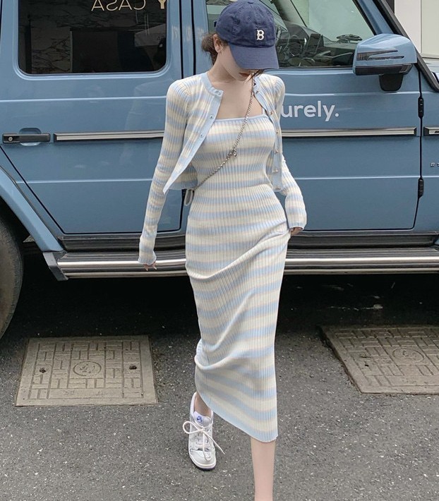 Two Piece Dress Stripe Knitted Women Fashion Two Piece Set Autumn Long Sleeve Cardigan Tops And Sexy Sheath Sling Dress Elegant Suit Female 230720
