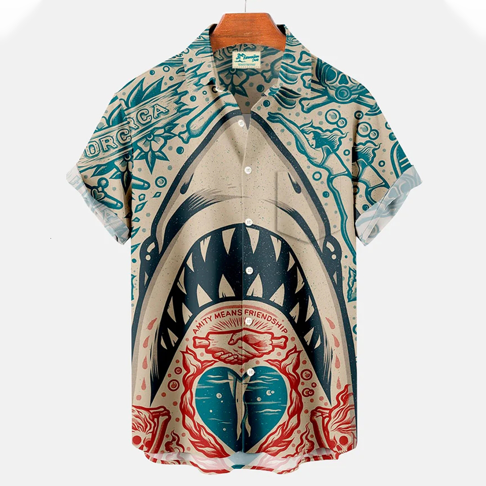 Men's Casual Shirts Men's Shirts 3D Animal Print Clothes Fashion Button Short Sleeve Lapel Streetwear Shirt for Men Hawaiian Shark Blouse Ts