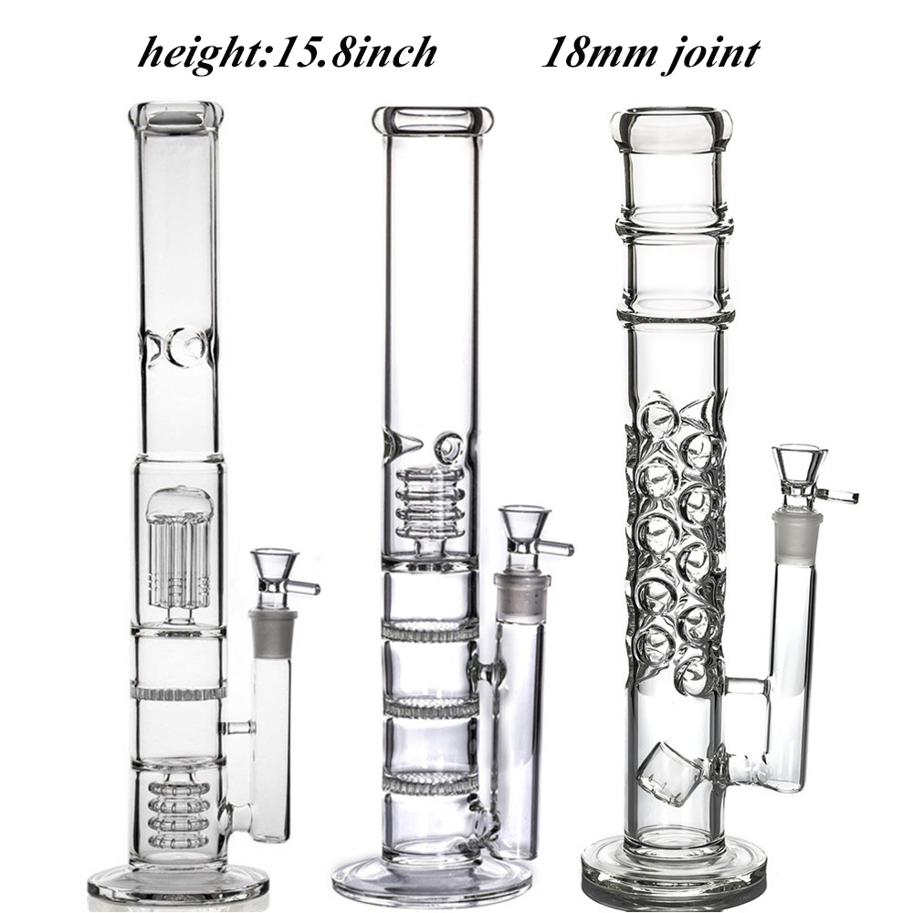 15.8 Inch Tall Recycler Hookah Water Pipes Honeycomb Perc Inline Diffuser Two Function Glass Bongs Thick Smoking Bubbler with 18mm Joint