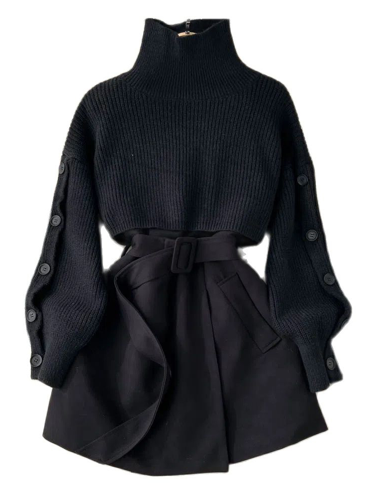 Two Piece Dress Autumn Winter Knit Two Piece Set Women's Single-breasted Turtleneck Cropped Pullover Sweater V-neck Vest Dress Solid Women Suit 2 - view 4