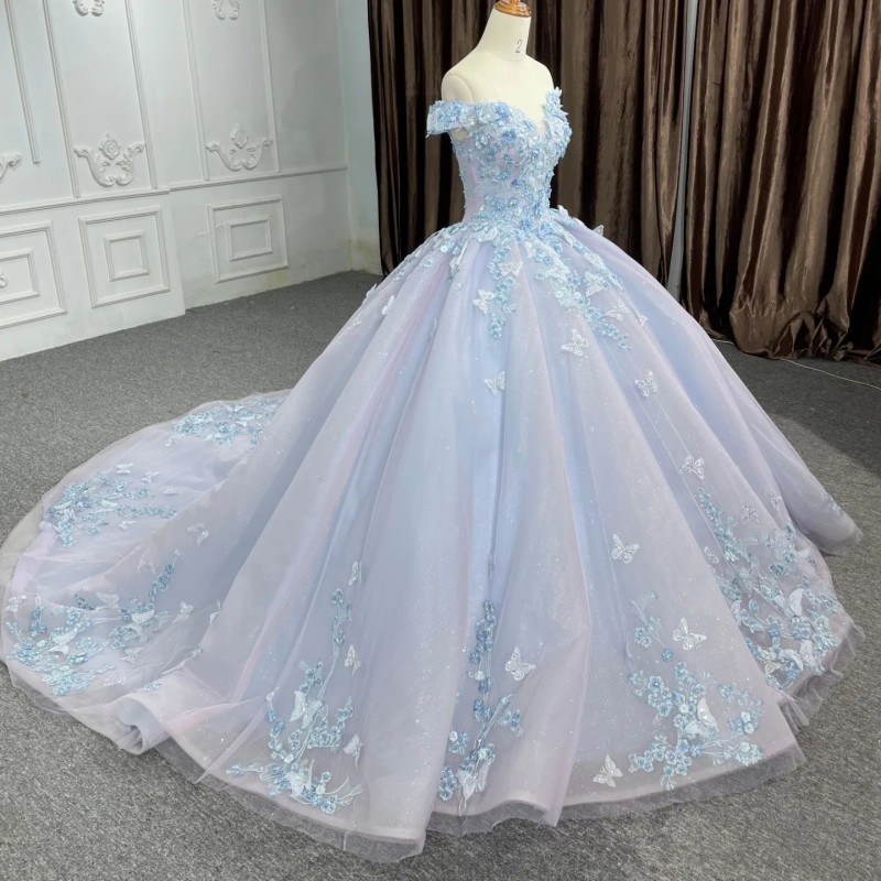 luxury Light Blue Glittering Quinceanera Dress Off Shoulder Crystal Floral Applique Bow Vestidos De 15 Anos Formal Birthday Dress