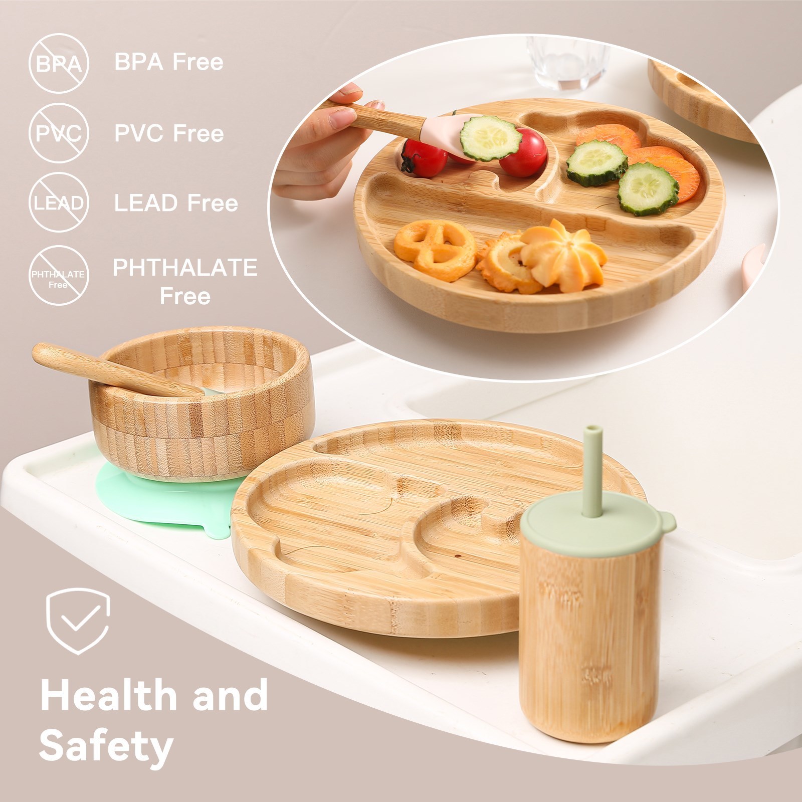 Cups Dishes Utensils 7PcsSet Children's Tableware Baby Bowl Plate Fork Spoon Cup Suction Feeding Food Bamboo Tableware With Silicone Suction Cup 