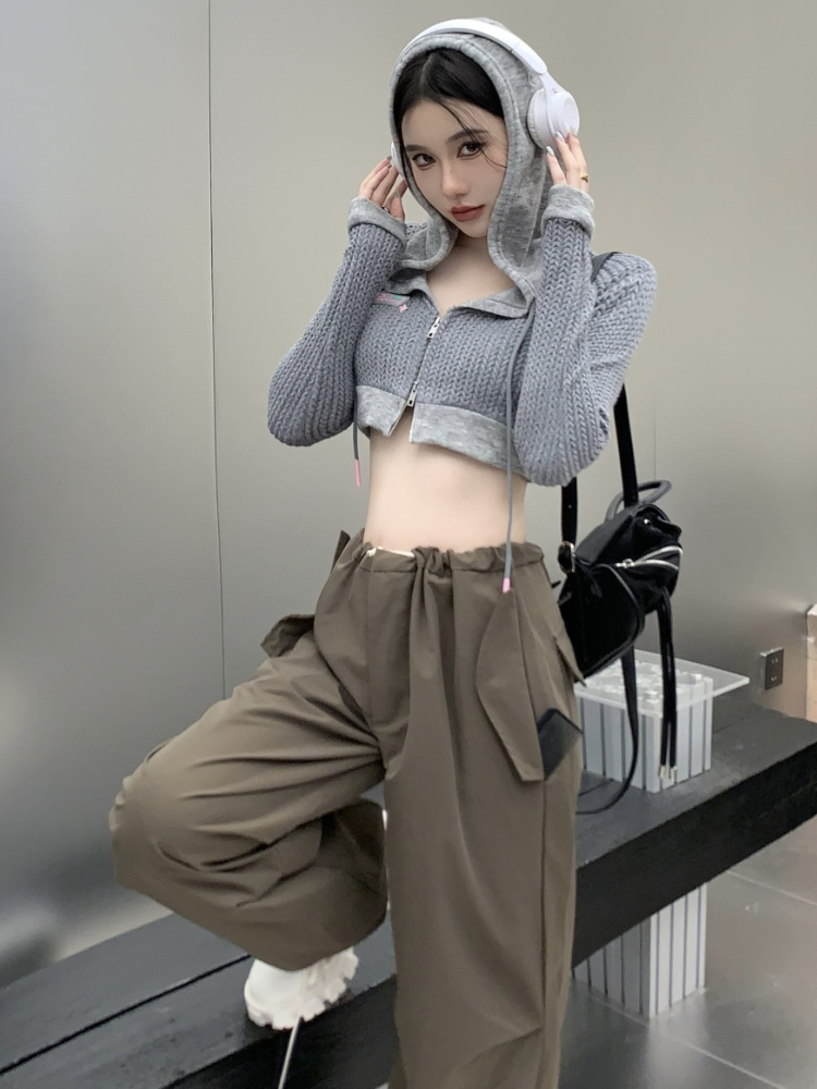 Women's Knits Tees Deeptown Y2K Vintage Hooded Cropped Cardigan Women Harajuku Kpop Zipper Knitted Sweater Korean Fashion Slim Long Sleeve Tops 0