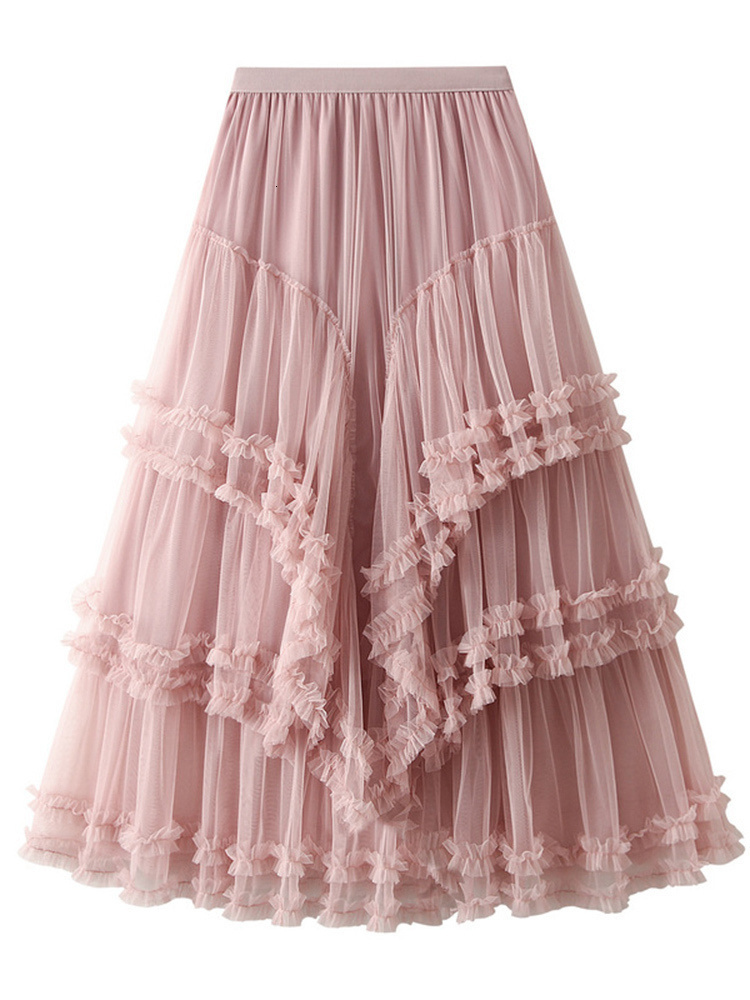 Skirts LANMREM Ruffles Mesh Skirt For Women High Elastic Waist Solid Color Layers Aline Summer Fashion Clothing 2La2166 230720