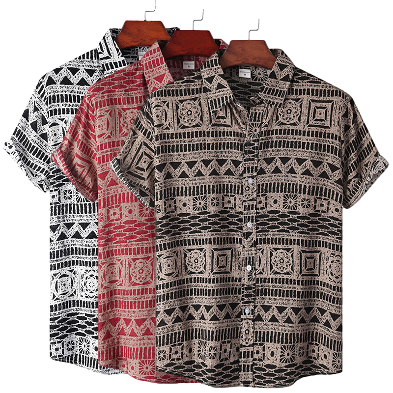 Men's Casual Shirts Men's Plus Size Loose Summer Short Sleeve Shirt Vintage Geometric Hawaiian Beach Male Shirts Casual Blouse For Men 23072