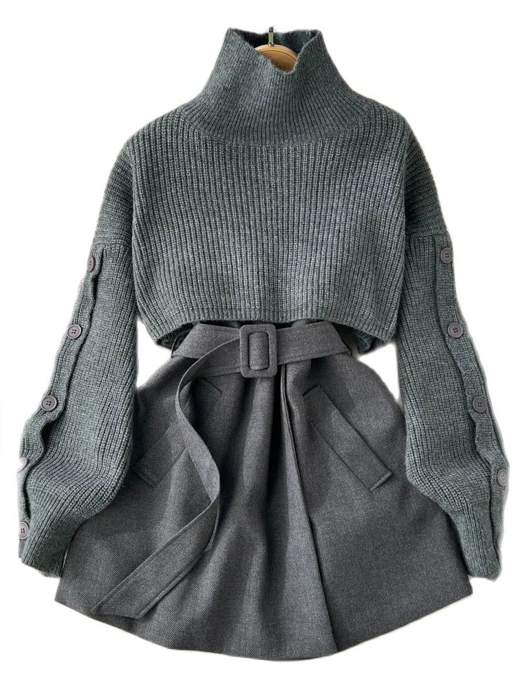 Two Piece Dress Autumn Winter Knit Two Piece Set Women's Single-breasted Turtleneck Cropped Pullover Sweater V-neck Vest Dress Solid Women Suit 2 - view 3