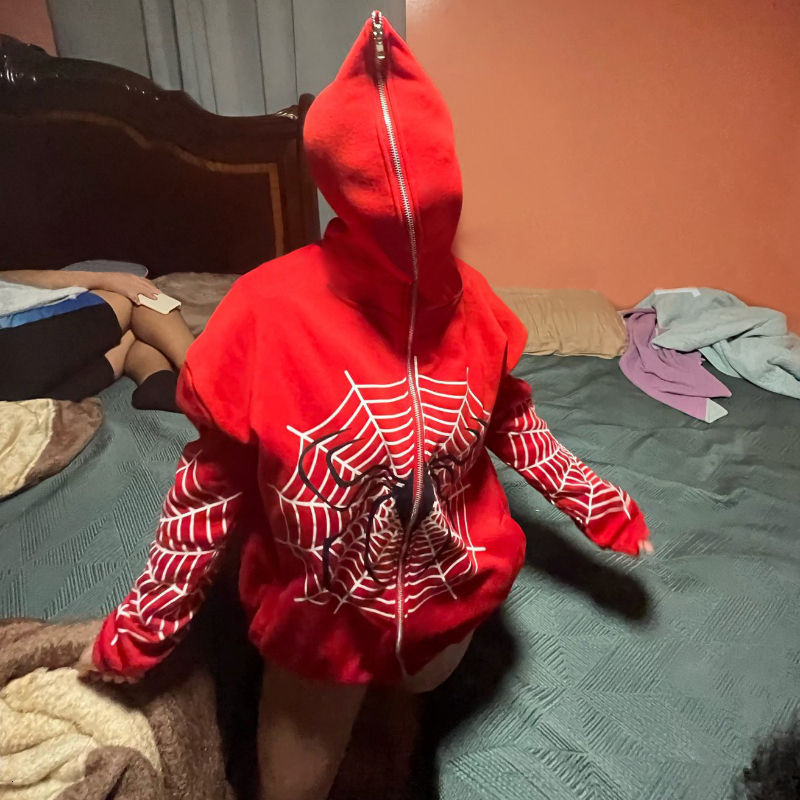 Men's Hoodies Sweatshirts Women Spider Web Graphic Hoodies Autumn Harajuku Hip Hop Casual Loose Hooded Sweatshirt Punk Gothic Grunge Zipper Y2K T