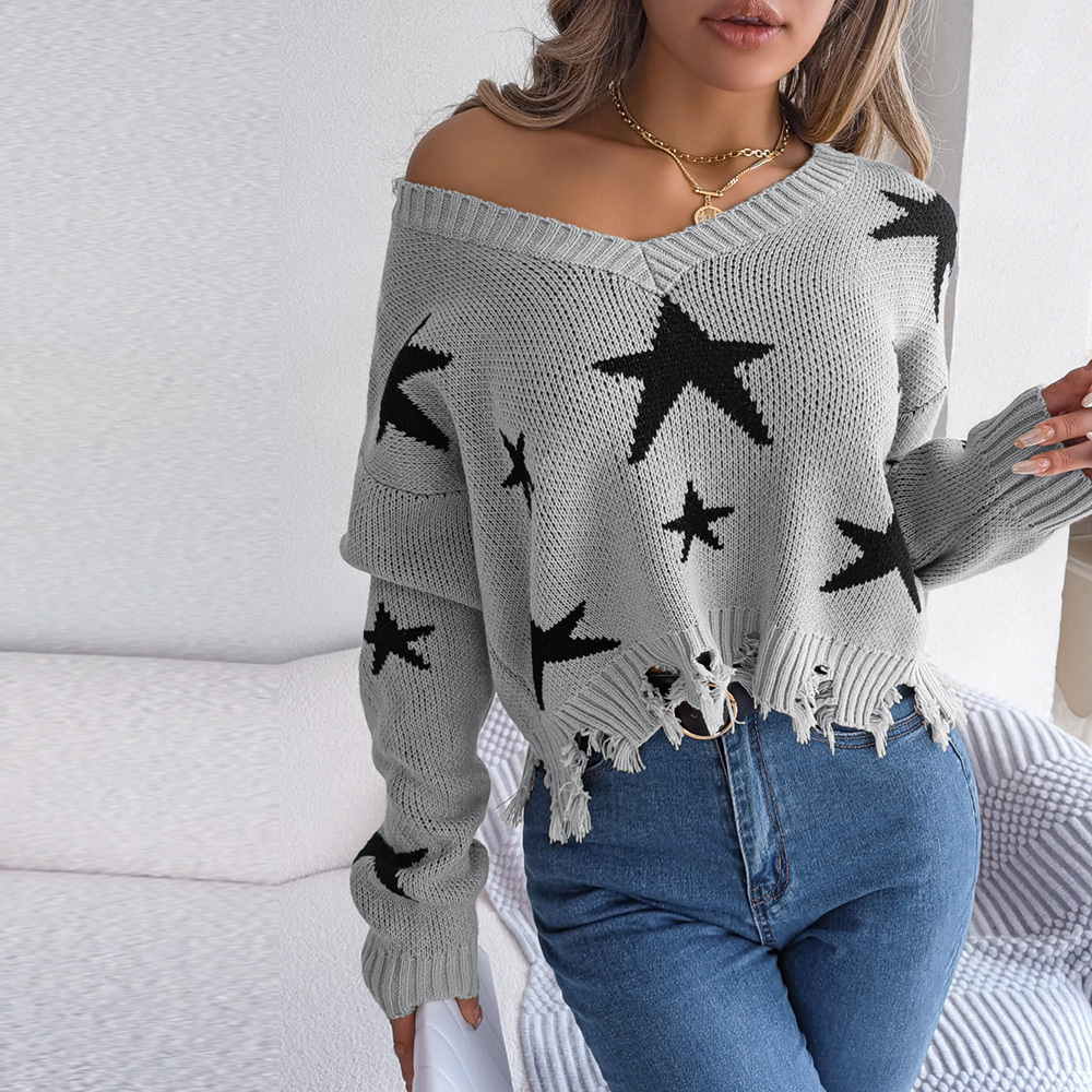 Women's Sweaters FICUSRONG Women Autumn Winter Casual V Neck Star Cut Long Sleeve Knit Pullover Sweater For Fashion 230720