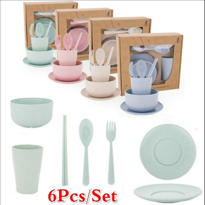 Cups Dishes Utensils 6Pcs/Set Wheat Straw Baby Tableware Children Food Dishes Bowl Feeding Infant Learning Dinnerware Spoon Chopsticks Fork Cup 230720