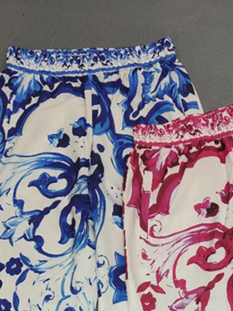 Womens Pants Capris Retro spring and summer blue and white porcelain printing elastic high waist loose trousers fashion Joker casual pants 230720