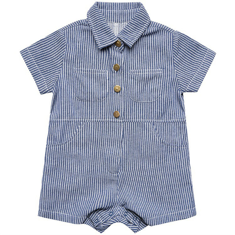 Rompers Summer Cute Baby Jumpsuit Thin Children'S Clothing Pocket Buttons Striped Denim Clothes Boys Girls Toddler Kids Romper 230720