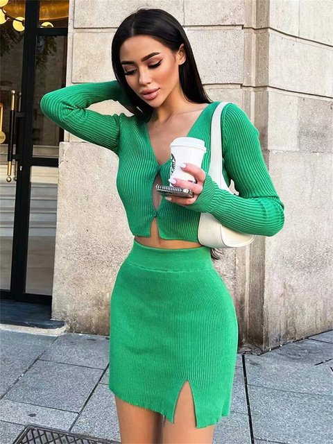 Two Piece Dress wsevypo Women Two-piece Knitted Ribbed Skirt Suit Casual Long Sleeve Button down Crop Tops and Short Wrap Skirt Matching Sets 230720