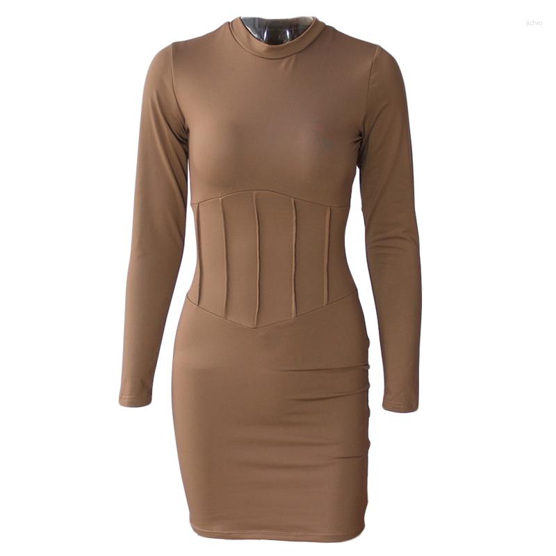 Casual Dresses Women Long Sleeve O-Neck Bodycon Mini Dress Solid Color Ruched Striped High Waist Sexy Package Hip Basic Party Clubwear
