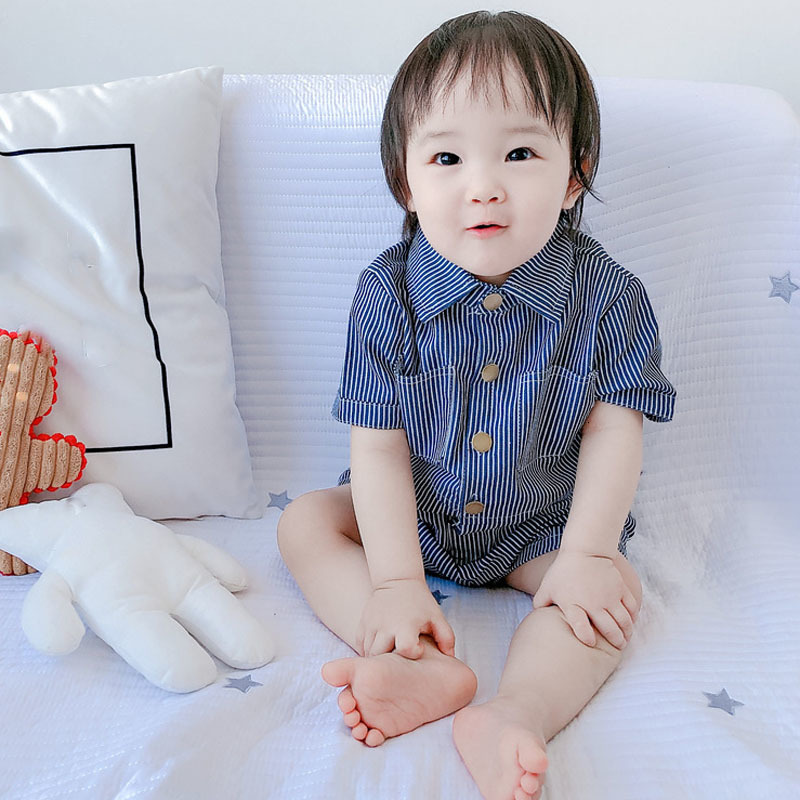 Rompers Summer Cute Baby Jumpsuit Thin Children'S Clothing Pocket Buttons Striped Denim Clothes Boys Girls Toddler Kids Romper 230720