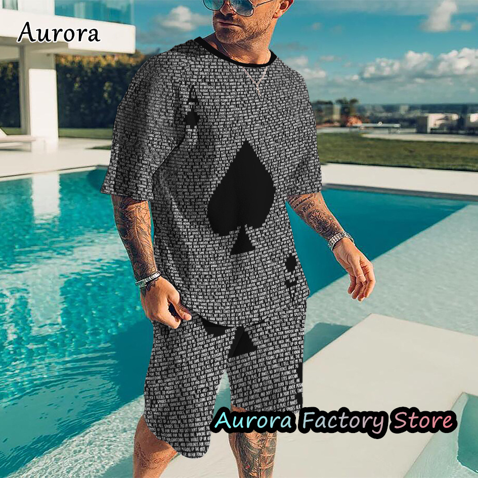 Men's Tracksuits Summer Fashion Trend Tracksuit 3D Print Poker A TShirt Shorts Suit 2 Pieces Casual Outfit Set Male Oversized Clothing 230720