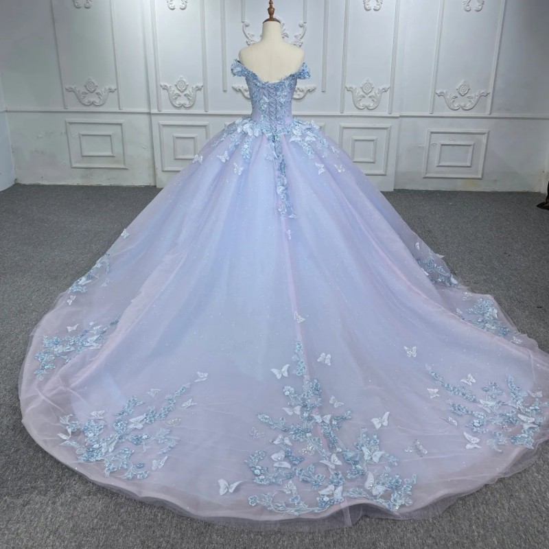 luxury Light Blue Glittering Quinceanera Dress Off Shoulder Crystal Floral Applique Bow Vestidos De 15 Anos Formal Birthday Dress