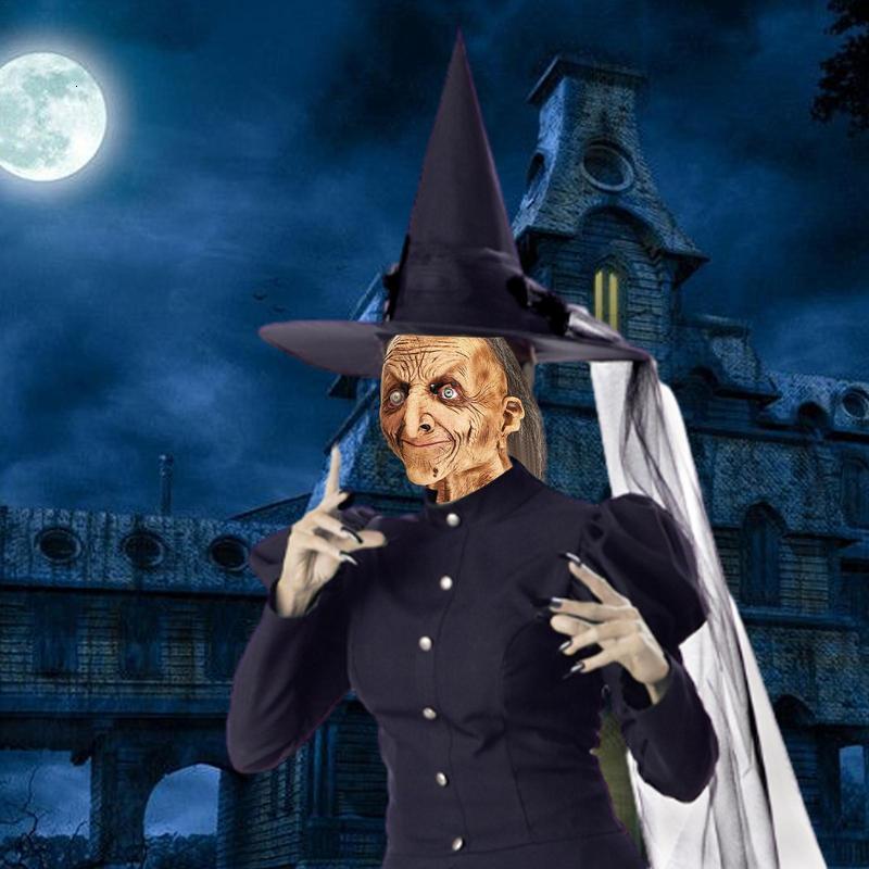 Party Masks Halloween Horror Old Witch Latex Head Cover Realistic Scary Mask With Hair Costume Cosplay Prop Ghost House 230721