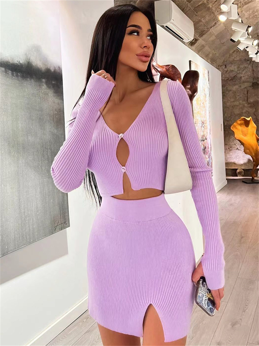 Two Piece Dress wsevypo Women Two-piece Knitted Ribbed Skirt Suit Casual Long Sleeve Button down Crop Tops and Short Wrap Skirt Matching Sets 230720