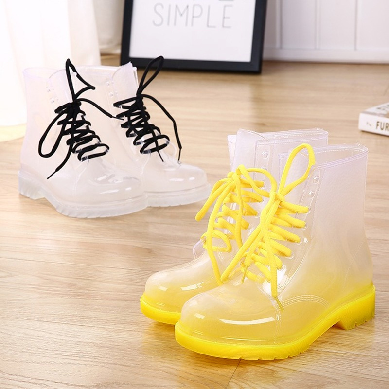 Rain Boot Boots Mature Lady Lace Up Waterproof Shoes Rubber Transparent Candy Colors Ankle Outdoor Girl's Fashion Footwear 230721
