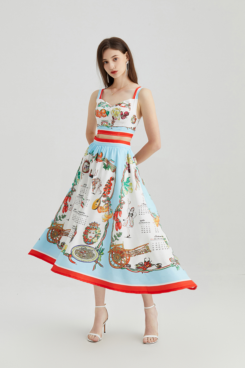 Two Piece Dress Fashion Runway Summer Holiday Skirts Suit Women Short Spaghetti Strap Camis Corset Top and Fruit Print Skirts 2 Pieces Set 2023