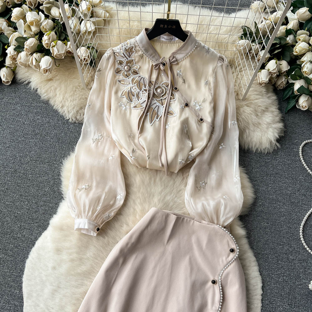 Two Piece Dress Vintage Haute Couture Outfits Women Flower Embroidery Pearls Beading Bow Blouse Top + Single Breasted Midi Skirt Two Piece Set 2023