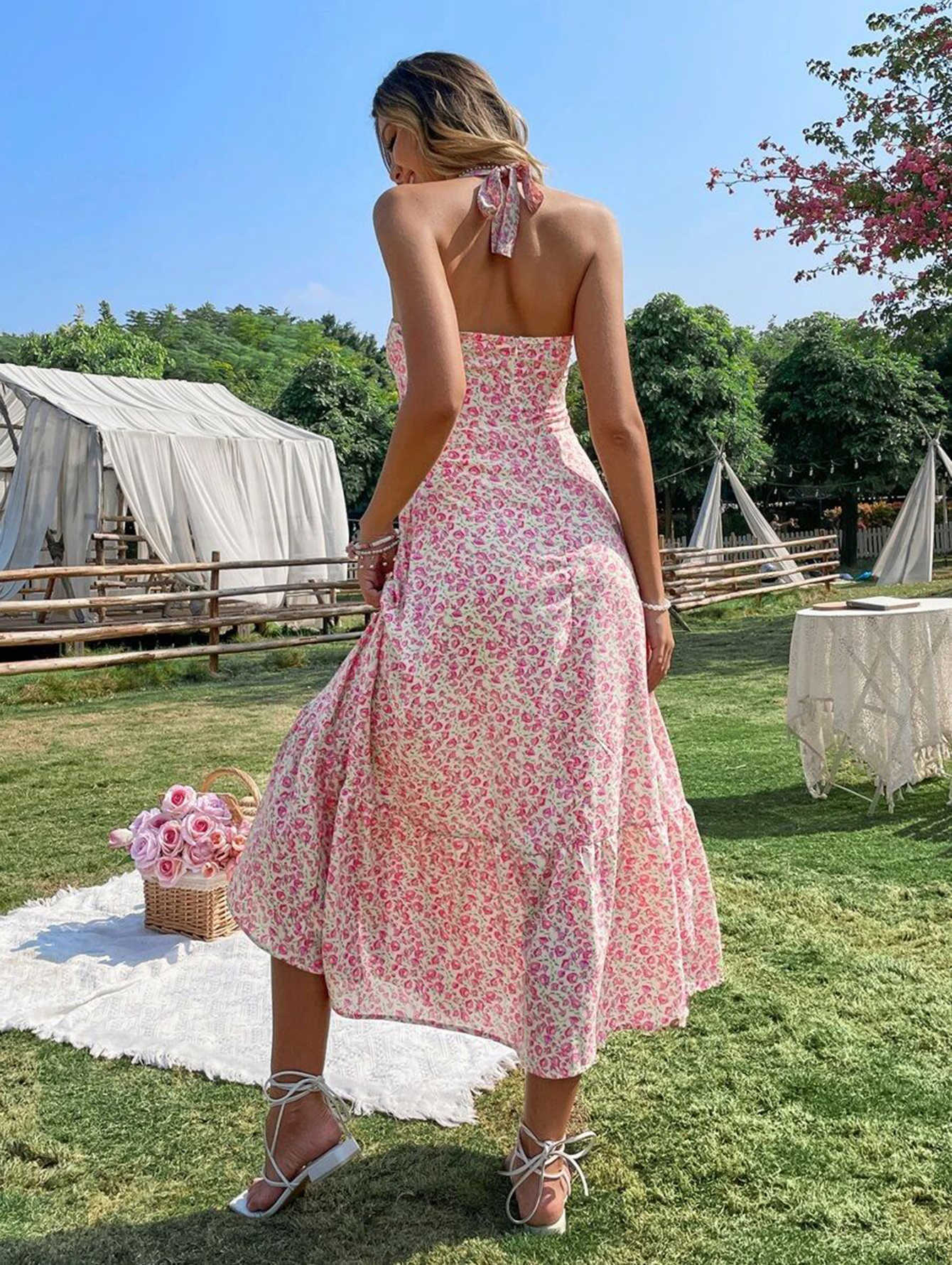 Pastoral Floral Dress Women French Elegant sleeveless Sling Spring and Summer New Sweet Long Dress