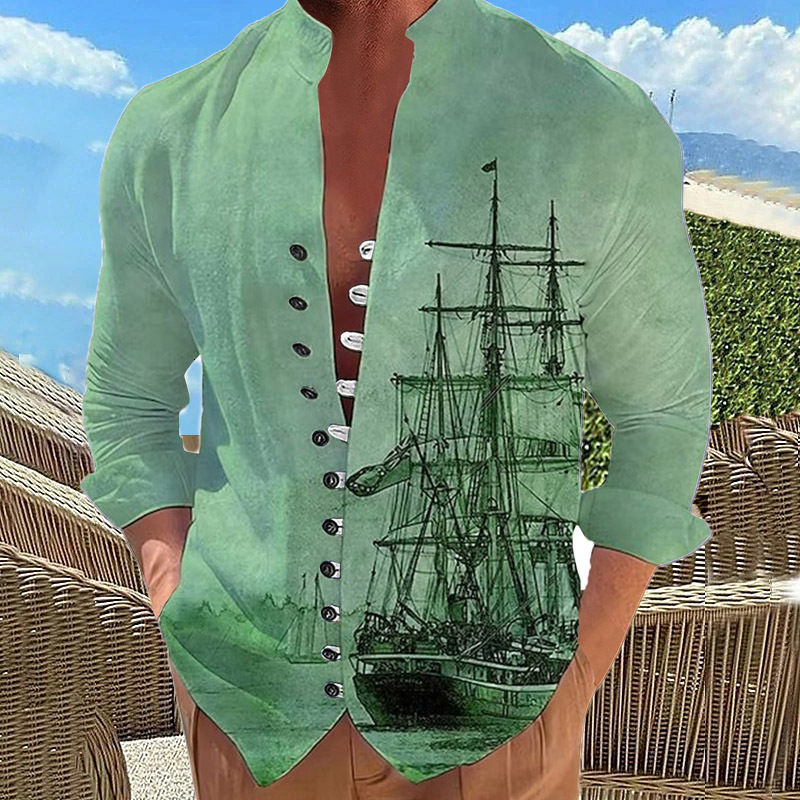 Men's Casual Shirts Casual Men Shirts Fashion Sailboat Print Button Long Sleeve Shirt Fashion Stand-Up Collar Loose Men's Shirts Streetwear 