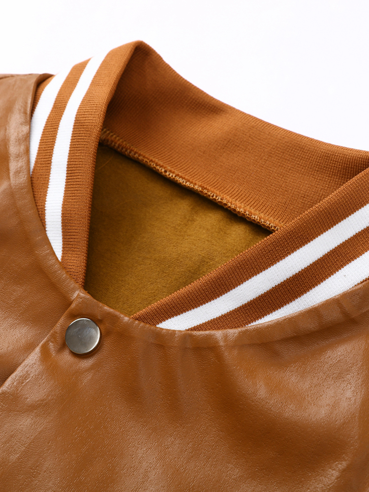 Women's Jackets Women Letter B Single Breasted PU Faux Leather Short Coat Lady Full Sleeve Jackets Female O-Neck Button Down Slim Fit Streetwear 